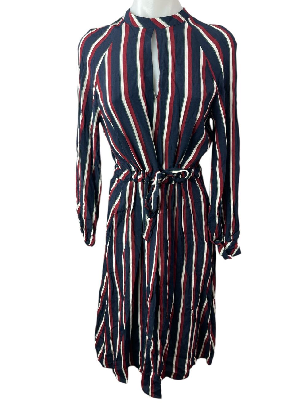 Pepe Jeans Multicolor Striped Long Sleeve Keyhole Mock Tie A Line Midi Dress S